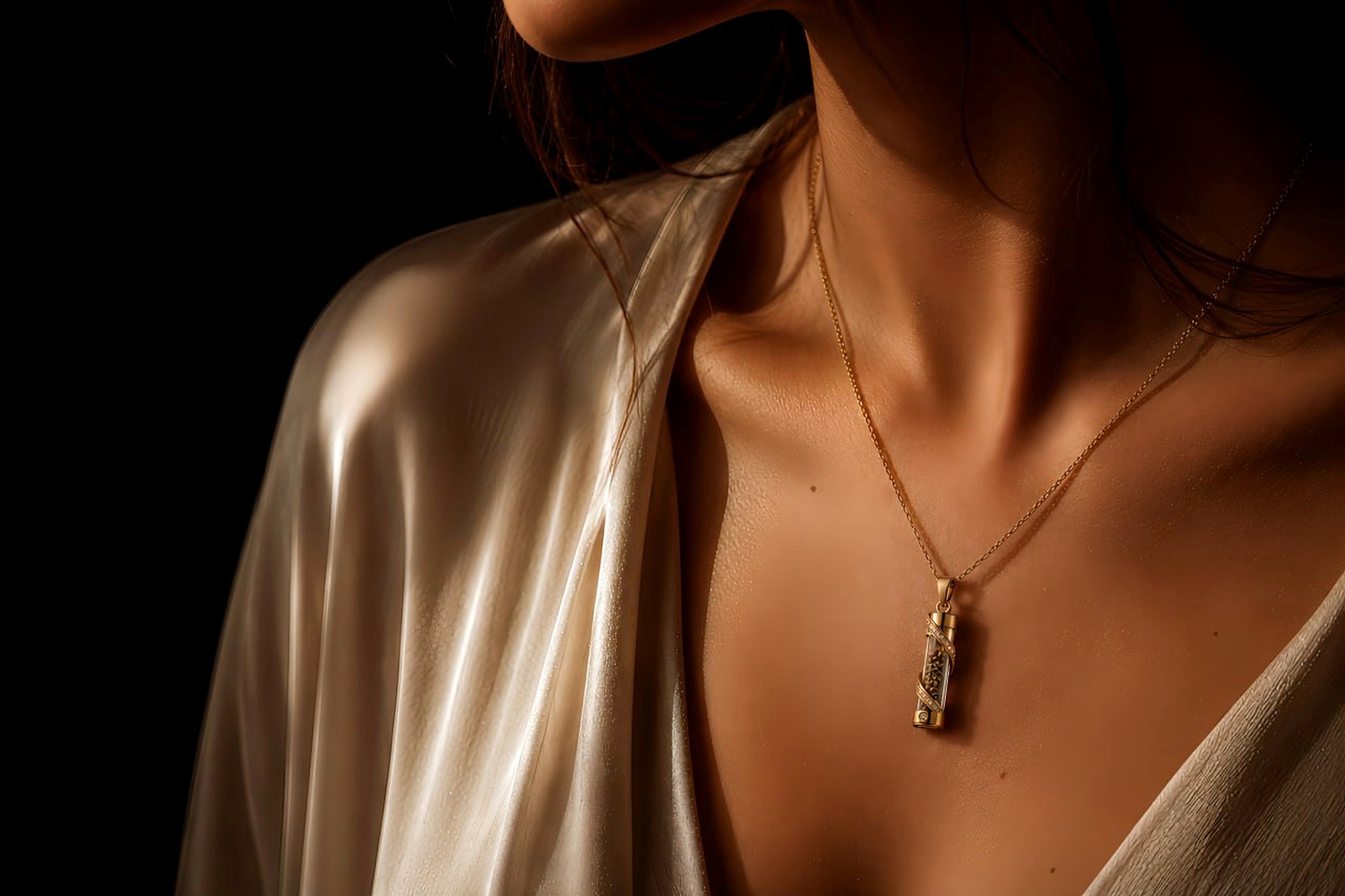 Solid gold memorial pendant with visible glass ash chamber