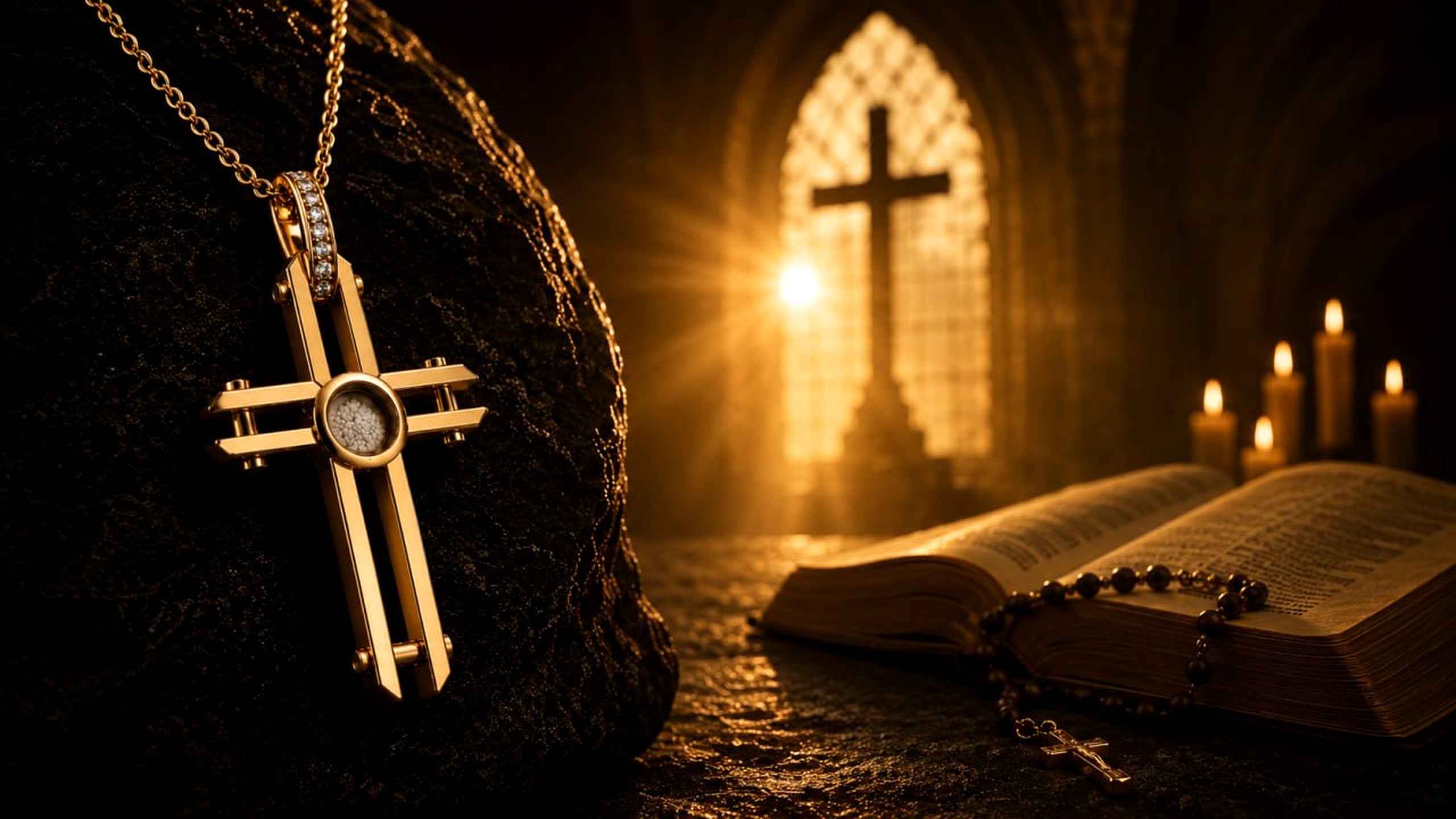 Solid gold cross memorial pendant in a candlelit devotional setting