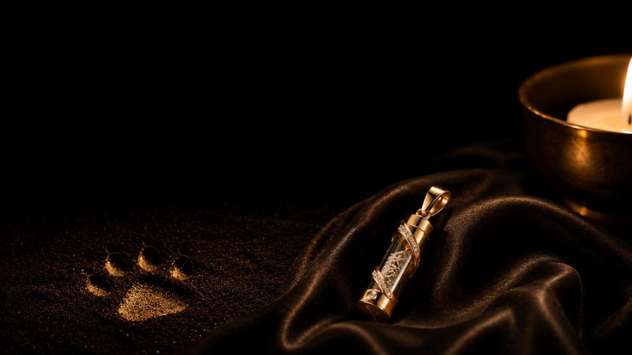 Solid gold memorial pendant resting on dark silk beside candlelight